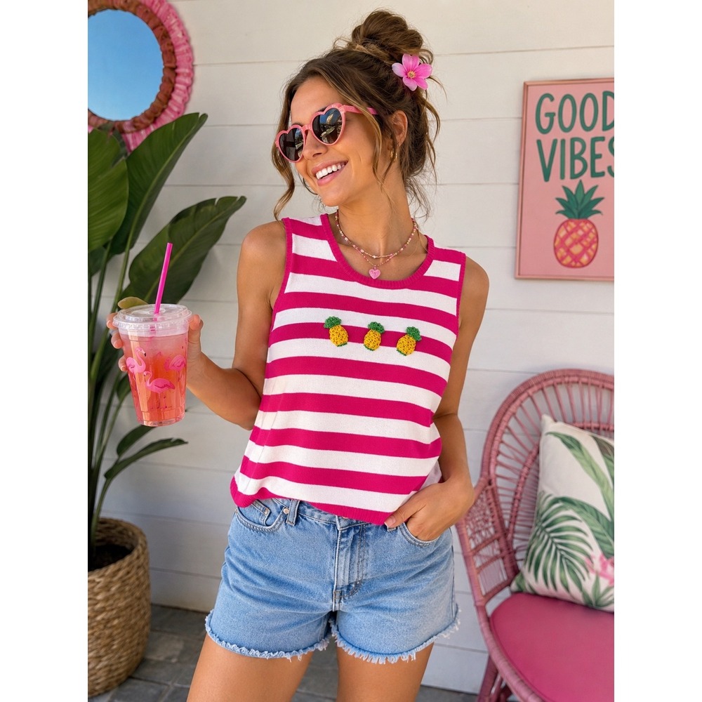 Vintage Quacker Factory‎ Pineapple Sweater Tank Pink Stripe Novelty Knit M